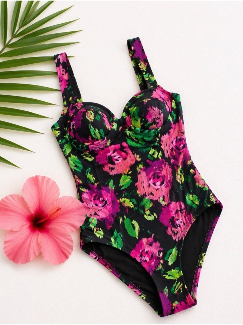 Betsey Johnson Bandeau Swimsuit in Lush Meadow Rose Print NWT